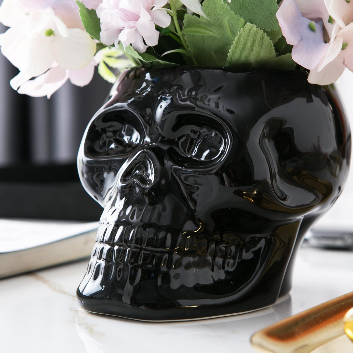 Tanvecle Skull Planter Pots, Skeleton Vase for Succulent, Flowers, Gothic Centerpiece for Table, Punk Home Decor and Accessories, Halloween and Day of The Dead Decorations - Black