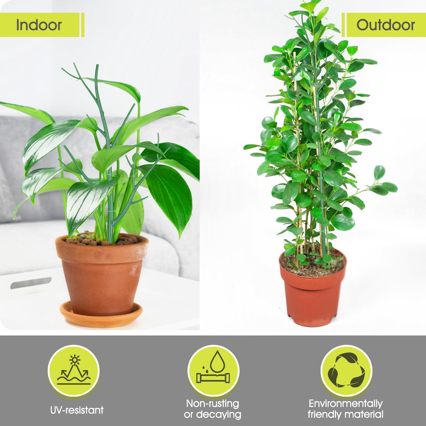 6 Pack Plant Support Stakes for Indoor Plants, 39.37 Inch Tall Twig Plant Sticks with Orchid Clips Twist Ties and Plant Ties for House Potted Monstera Plants Support, Green