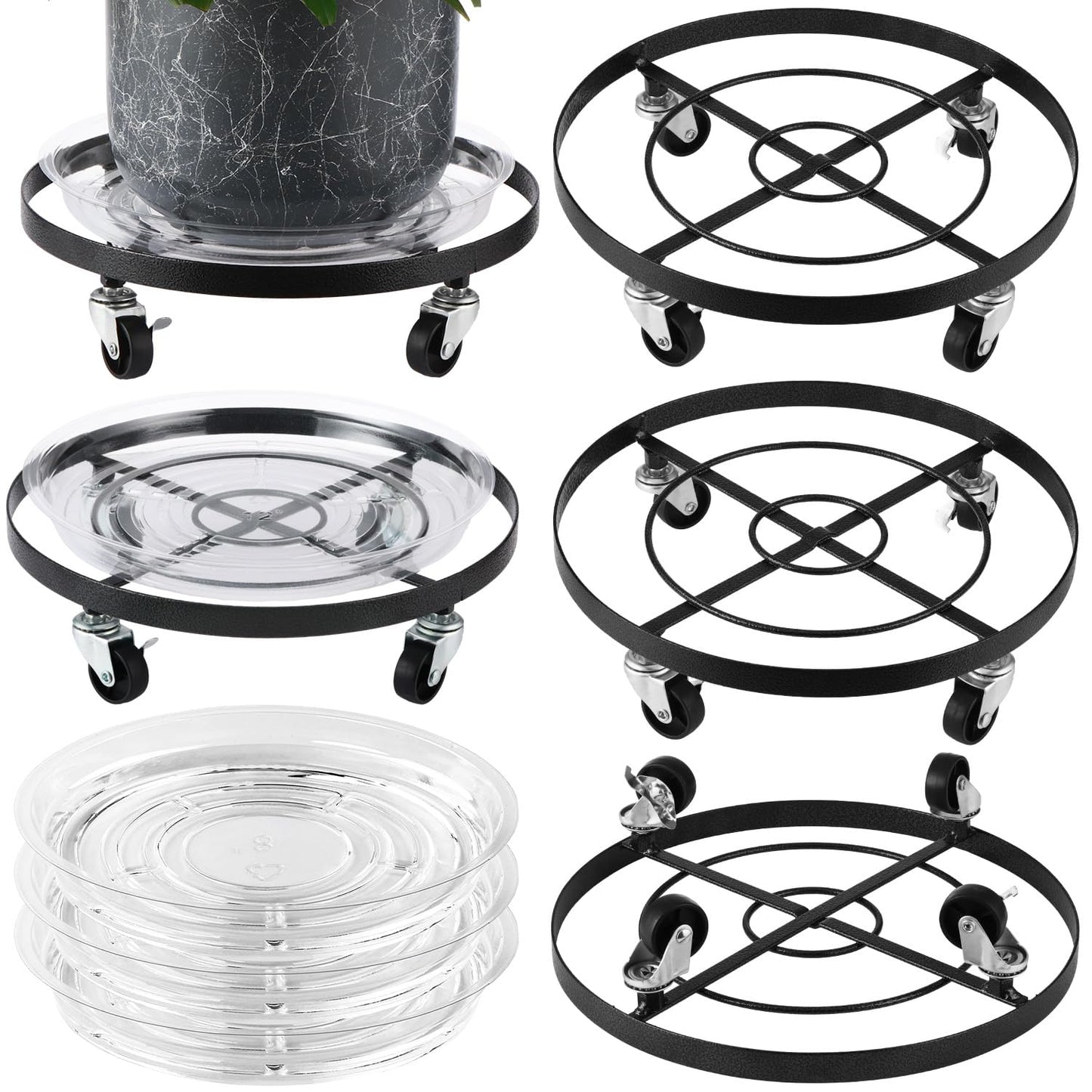 3 Packs Large Metal Plant Caddy 12.6” Plant Dolly with Wheels Heavy-duty Wrought Iron Rolling Wheeled Plant Stand with Casters for Indoor and Outdoor Plant Pot Rollers, 12" Clear Plant Saucers Included