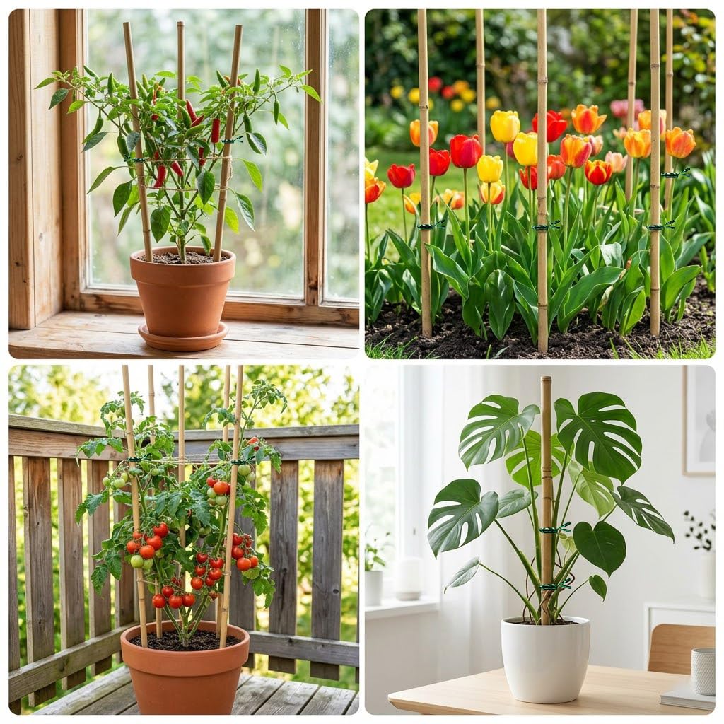 Plant Stakes Natural Bamboo Sticks - 30 Pcs Bamboo Garden Stakes for Plants 4.8 FT Plant Support Sticks with Twist Ties for Tomatoes Beans Flowers Indoor Outdoor Potted Climbing Plants