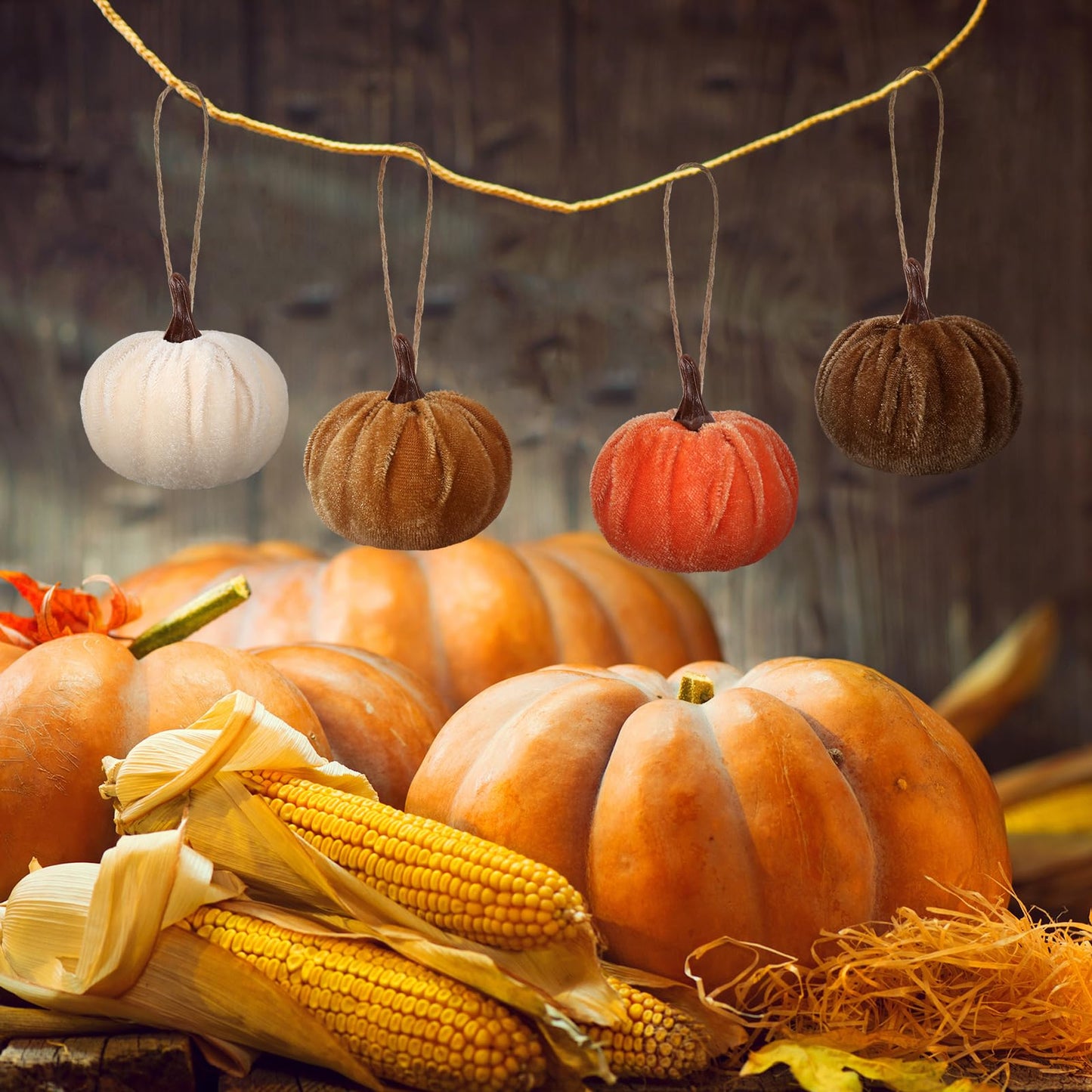 Vercraft 12 Pcs Thanksgiving Pumpkin Hanging Ornament 2 Inches Velvet Thanksgiving Fall Tree Decorations Fabric Small Tree Decorations for Farmhouse Harvest Autumn Home Party Decor(Neutral)