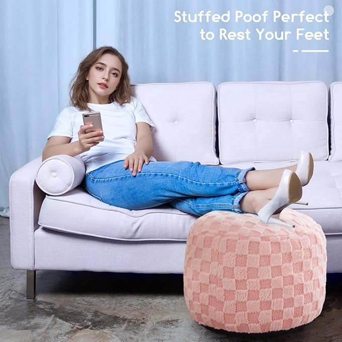 HIGOGOGO Round Stuffed Pouf Ottoman, Plaid Poufs
