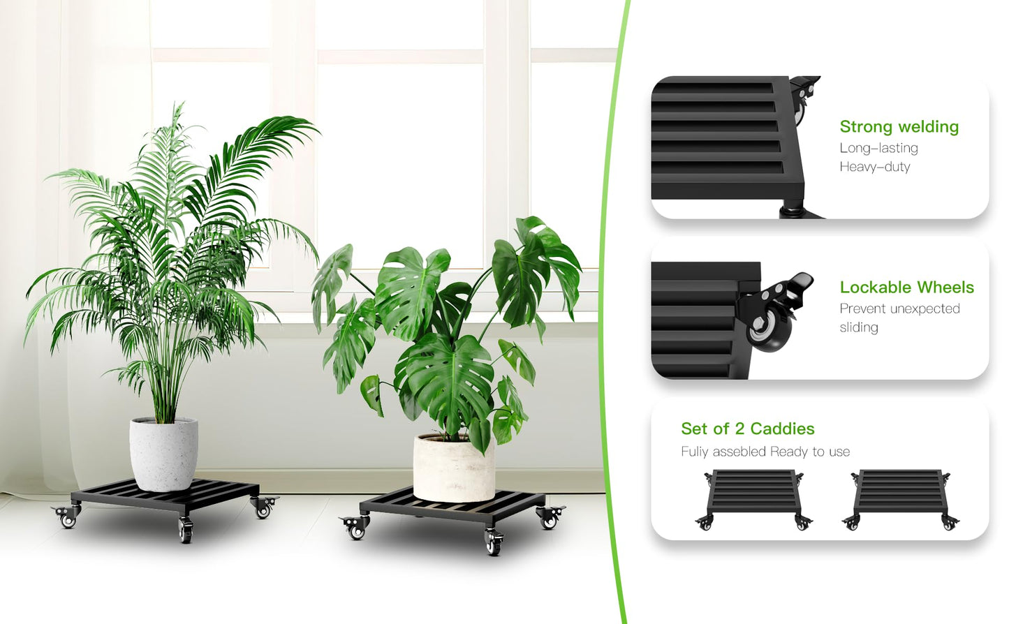 Zhongma 2 Pack 14" x14"x 3.5"H Square Plant Caddy with Wheels, Fully Assembled, Heavy Duty Construction, 300 Lbs Capacity, Load-Bearing Wheels with Brakes, No Installation Required