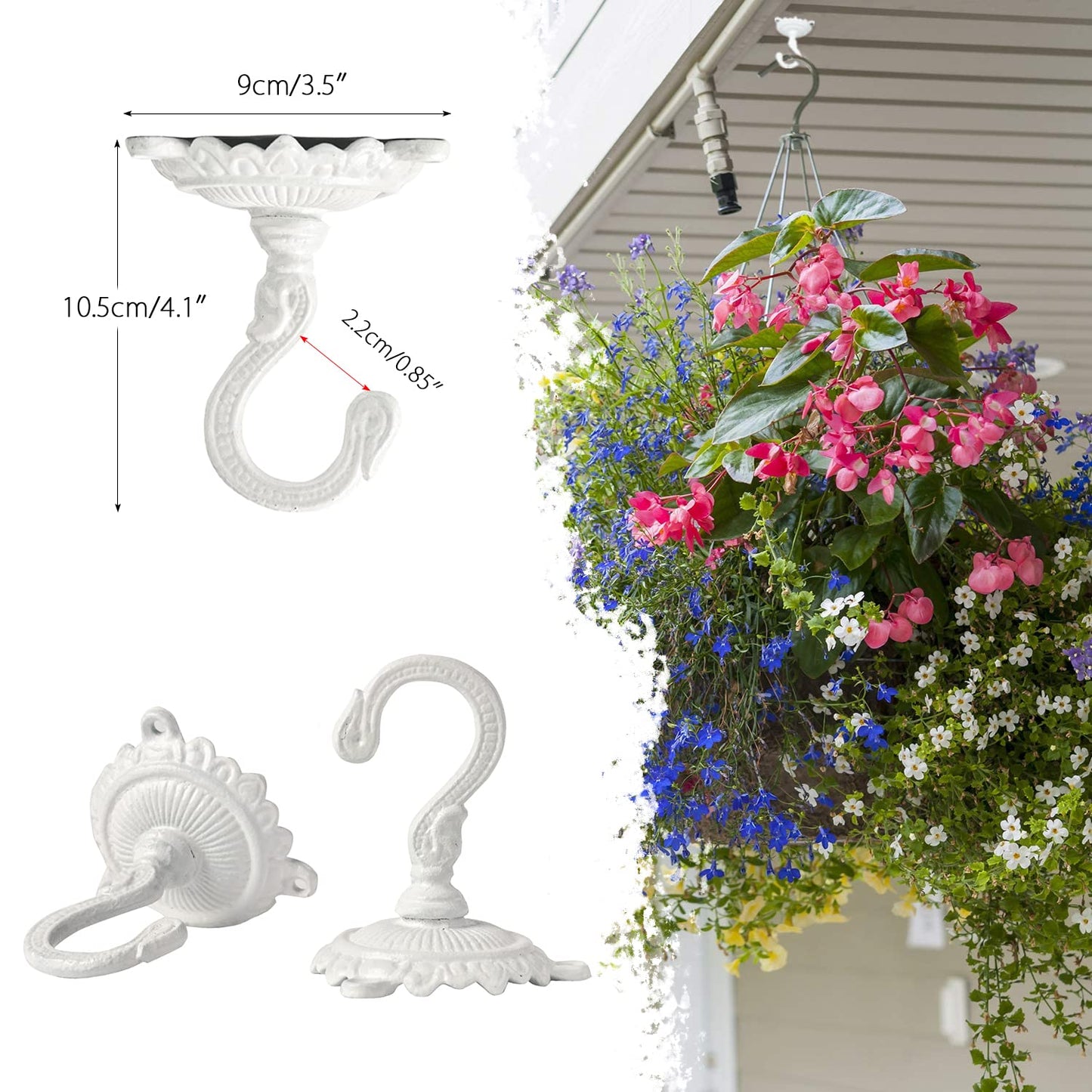 Sungmor Heavy Duty Ceiling Hooks for Hanging Plants, 3PC White 3.5x3.9Inch Large Cast Iron Ceiling Hooks, Antique Decorative Ceiling Swag Hooks for Hanging Planter Chandelier Wind Chime Lantern Hanger
