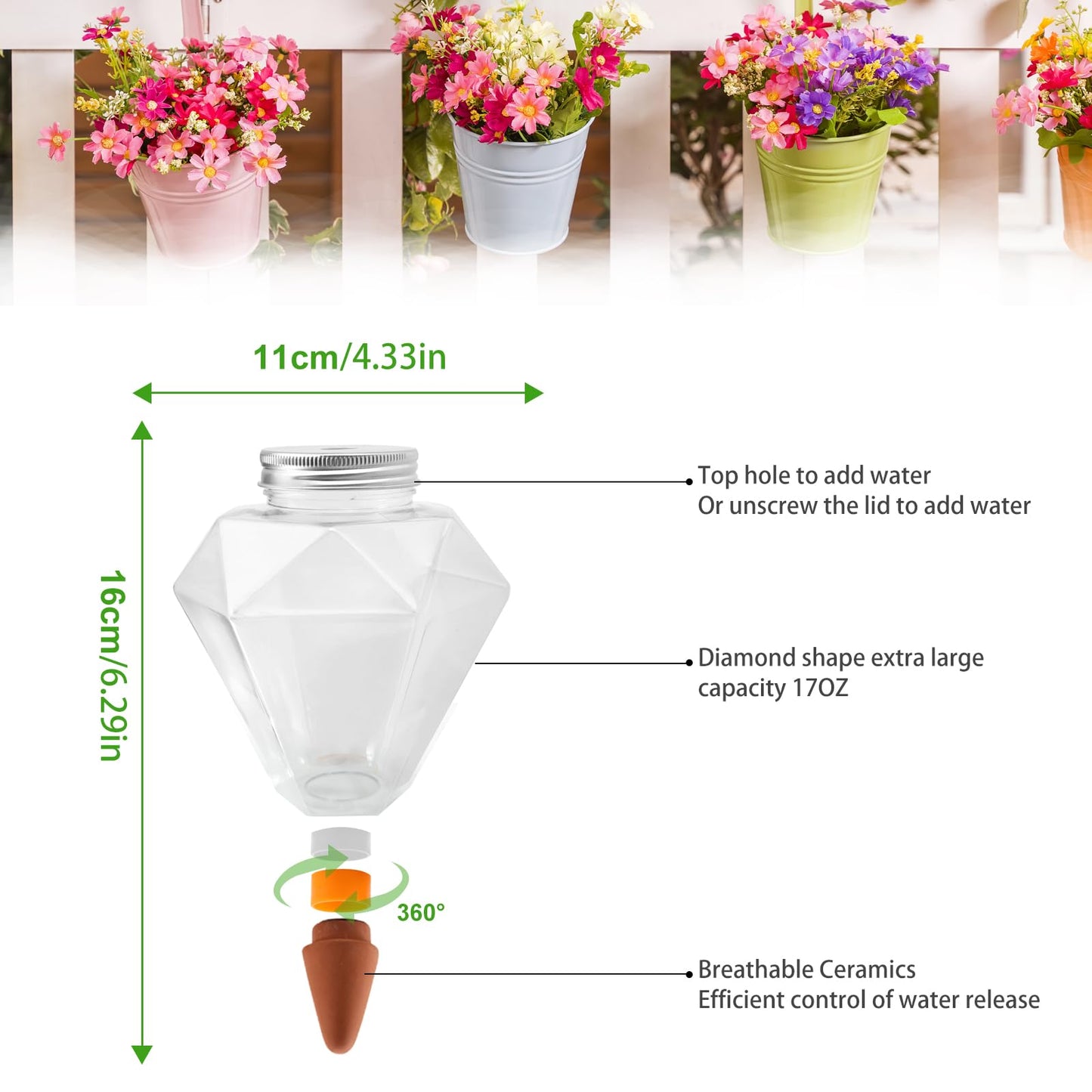 Ansberta Watering Globes XL - 2 Pcs Diamond Plastic Shape Plant Watering Globes Self Watering Planter Insert 17oz Large for Indoor&Outdoor Plants Watering Bulbs
