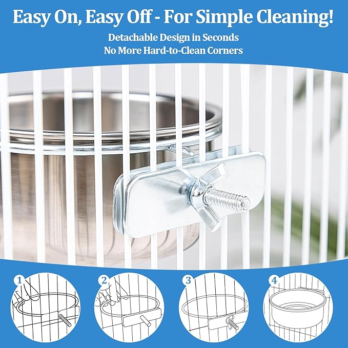 2 Pack Stainless Steel Bird Food Bowl Small Bird Feeding Dish Cups for Cage Parrot Food Bowl Cage with Clamp Holder for Parrots, Cockatiels, Small Animals (S+M)