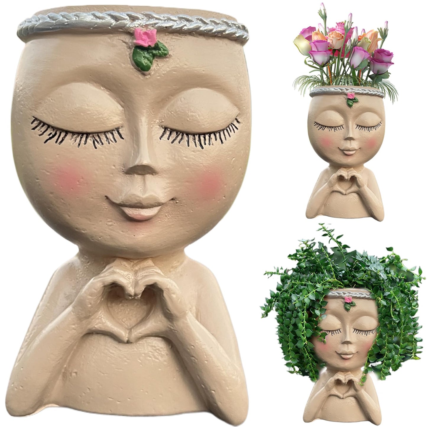Lamppdcor Face,Face Planter Resin Cute 3.2x2.8x4.9in Head Planter Decorative Unique Plant Pots Succulent Flower Face Pots Head for Balcony Garden Yard