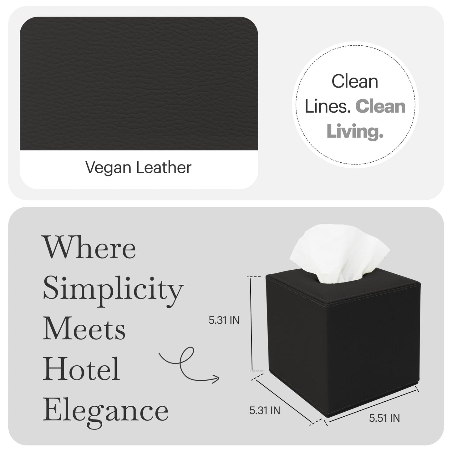 Rikan Vegan Leather Tissue Box Cover – Decorative Rectangular Tissue Holder, Modern Tissue Box for Bathroom, Bedroom, Living Room & Office Decor - Black