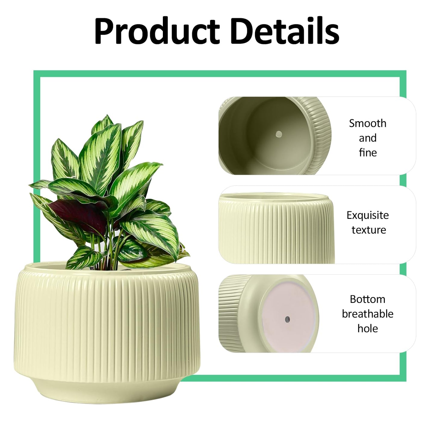 OXART Ceramic Plant Pots, Set of 3, 10/7.5/5.8Inch Planters for Indoor Plants, Modern Pots for Plants, Stylish Round Flower Pot with Drainage Holes, Outdoor Planter Pot, Green