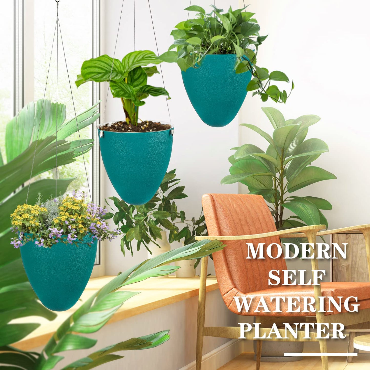 Sungmor Unique Eggshell Self Watering Hanging Planters, 3PC Modern Fashion Teal 7.2" Dia Large Waterself Hanging Pots for Plants, Indoor Outdoor Ceiling Hanging Baskets Flowerpot Wicking Planter Pots