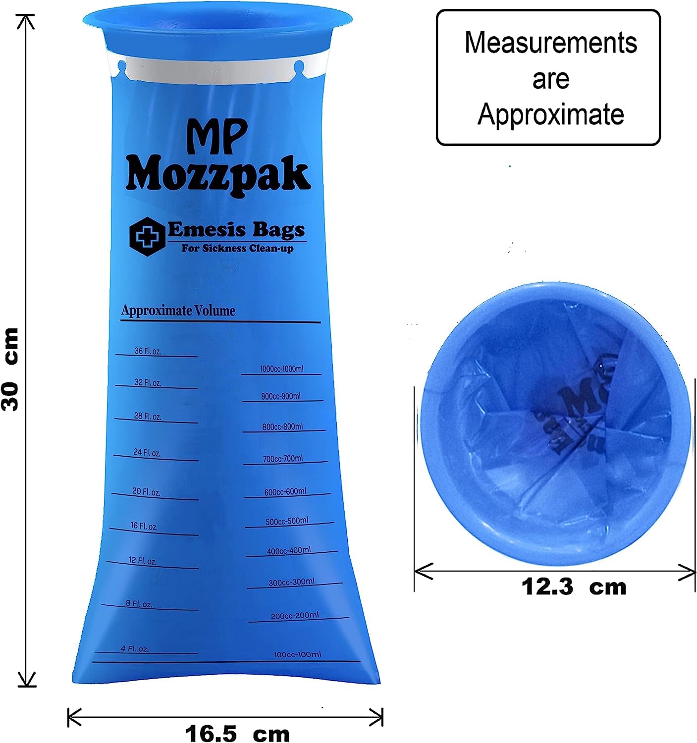 MP MOZZPAK Vomit Bags Disposable β 35 Pack β 1000ml Barf Bags β Leak Resistant, Medical Grade, Portable Emesis Bags, Puke, Throw Up, Nausea Bags for Travel Motion Sickness (Blue)