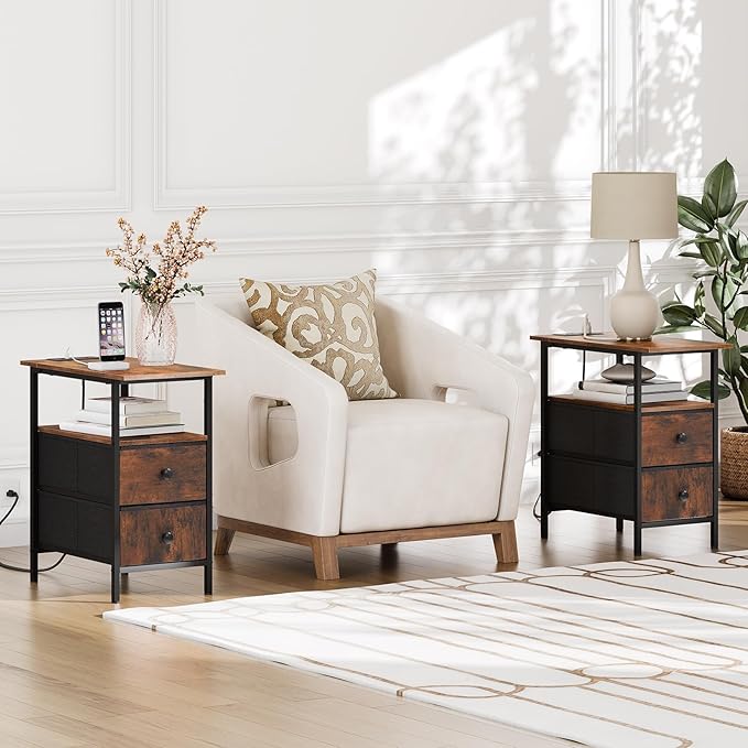 HOOBRO End Table with Charging Station, Nightstand with 2 Non-Woven Drawers