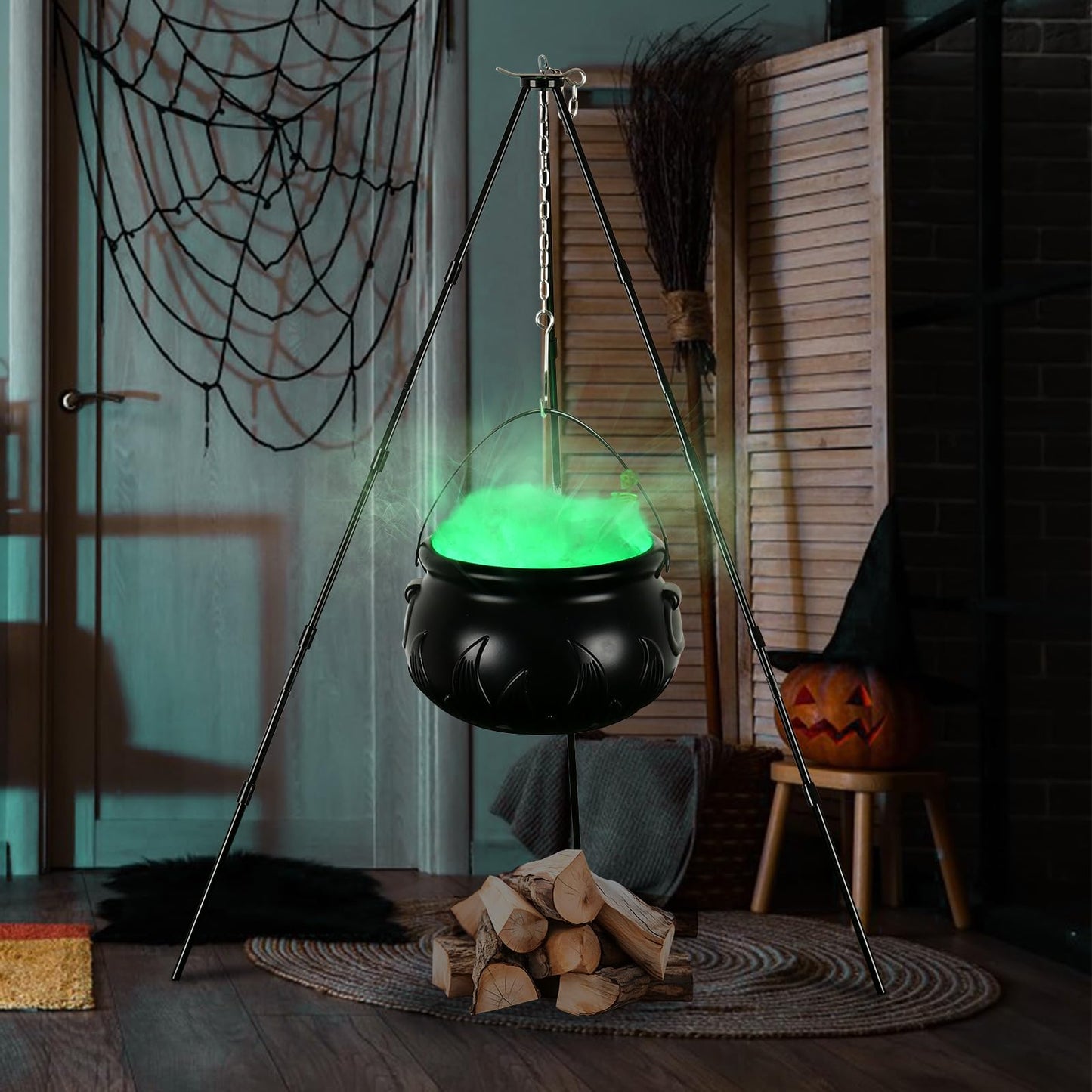 KOYILTD Halloween Outdoor Hocus Pocus Candy Cauldron Witches Cauldron on Tripod with Lights Garden Decor Halloween Candy Bowl Spooky Poison Soup Pot Decor for Home Porch (Green, Large)