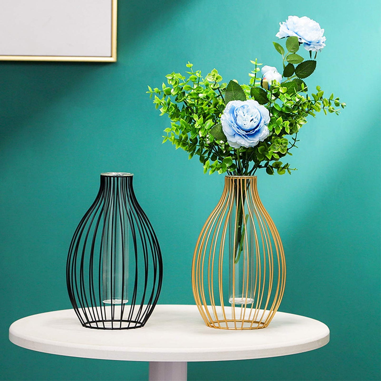 Metal Frame Vase Geometric Glass Flower Vase, Lantern Shape Glass Test Tube Vase, Modern Creative Clear Tube Glass Planter Terrariums with Geometric Metal Stand for Decor Office Home (Golden B)