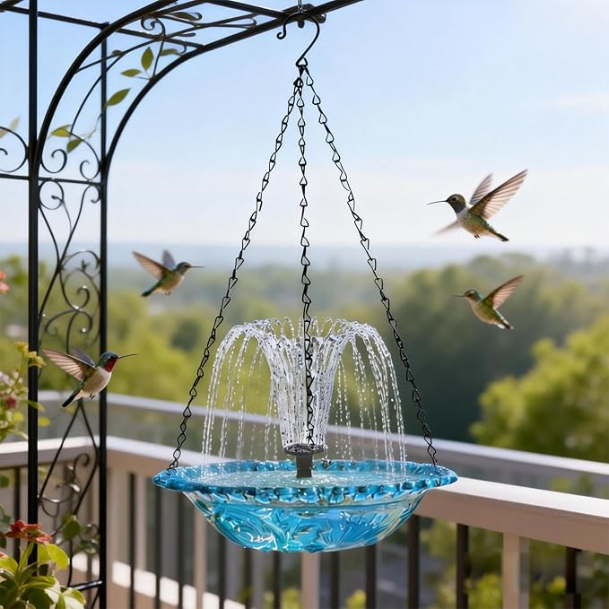 Solar Bird Bath Hanging with Fountain for Outdoors 15.7 Inch Metal Chains, Weather-Resistant Hanging Wildbird Feeder & Bath Tray for Garden, Patio