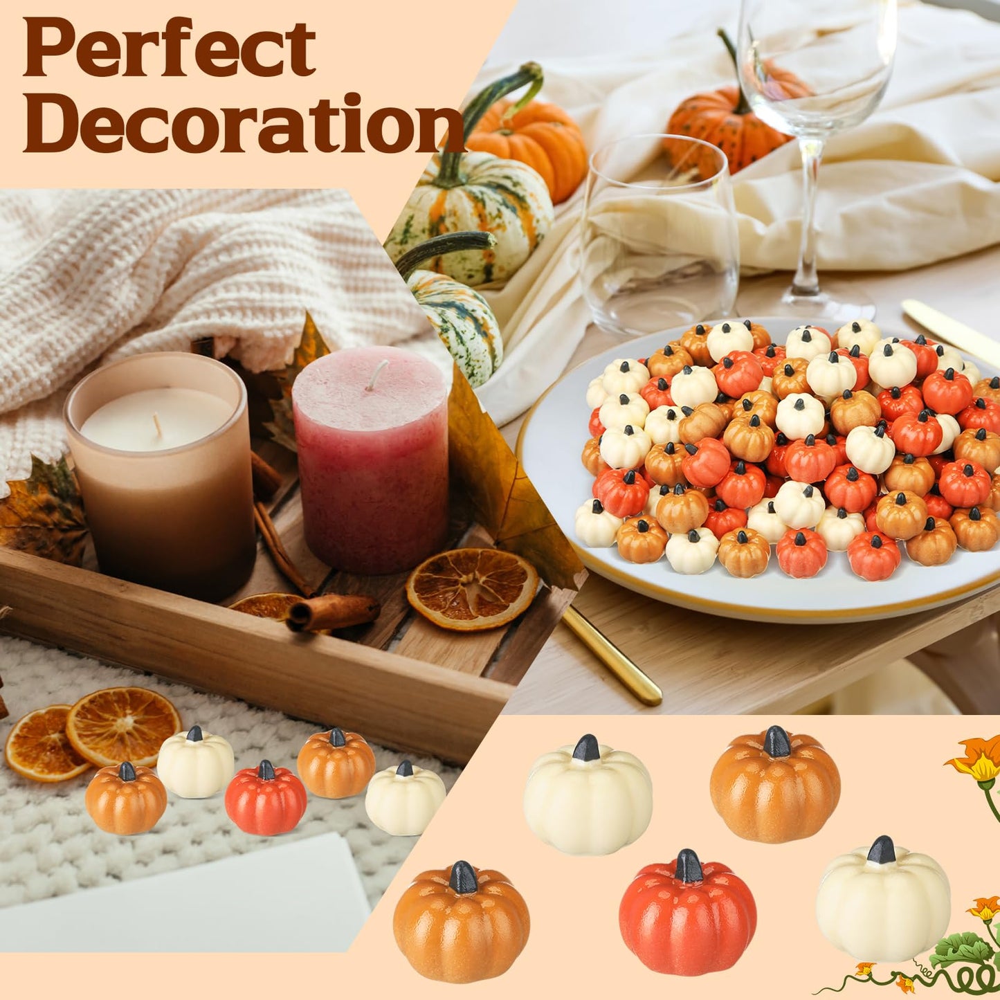 Geelin 90 Pcs Thanksgiving Mini Pumpkin Resin Charms Pumpkin Autumn Resin Artificial Miniature Holiday Figurines Orange Yellow and White Thanksgiving Ornament for Fall Holiday Party DIY Table Scatter