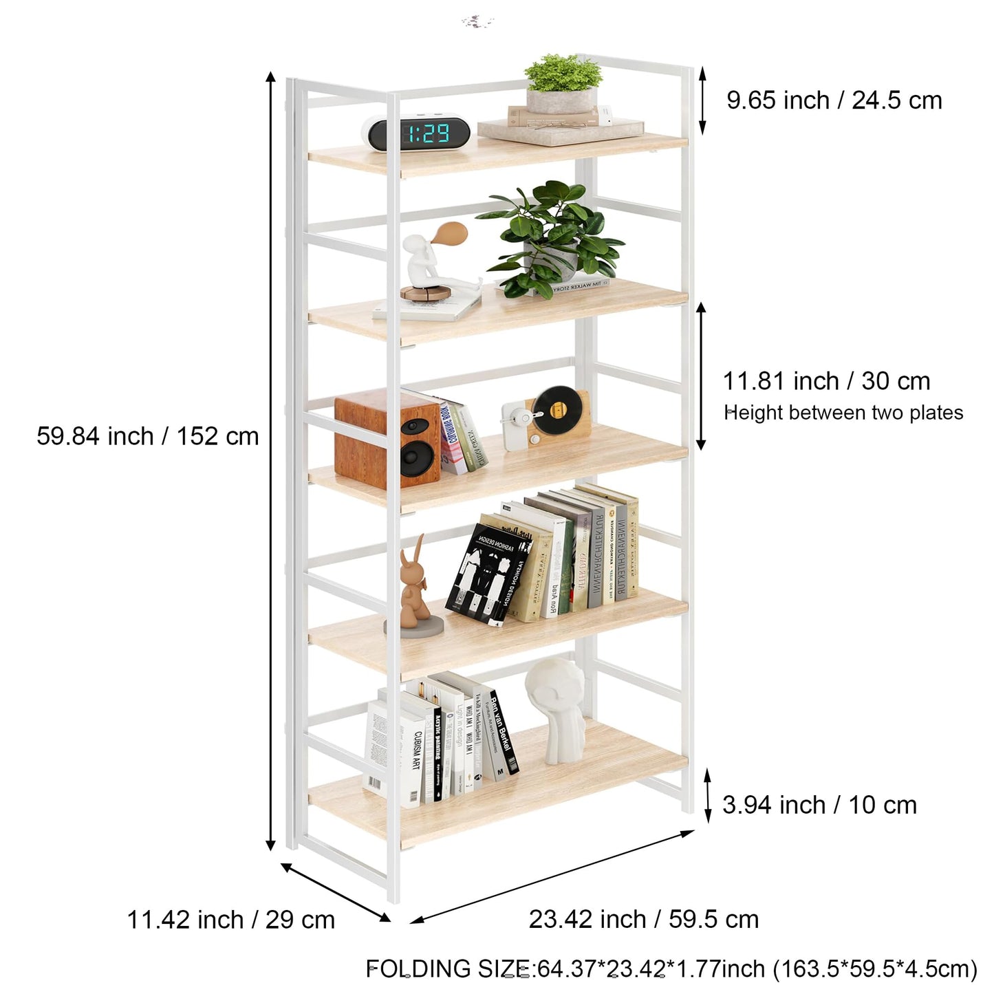 BHG Vintage Multifunctional Folding Bookshelf, No-Assembly Plant Stand Storage Rack Shelves for Home Office (White, 5-Tier)