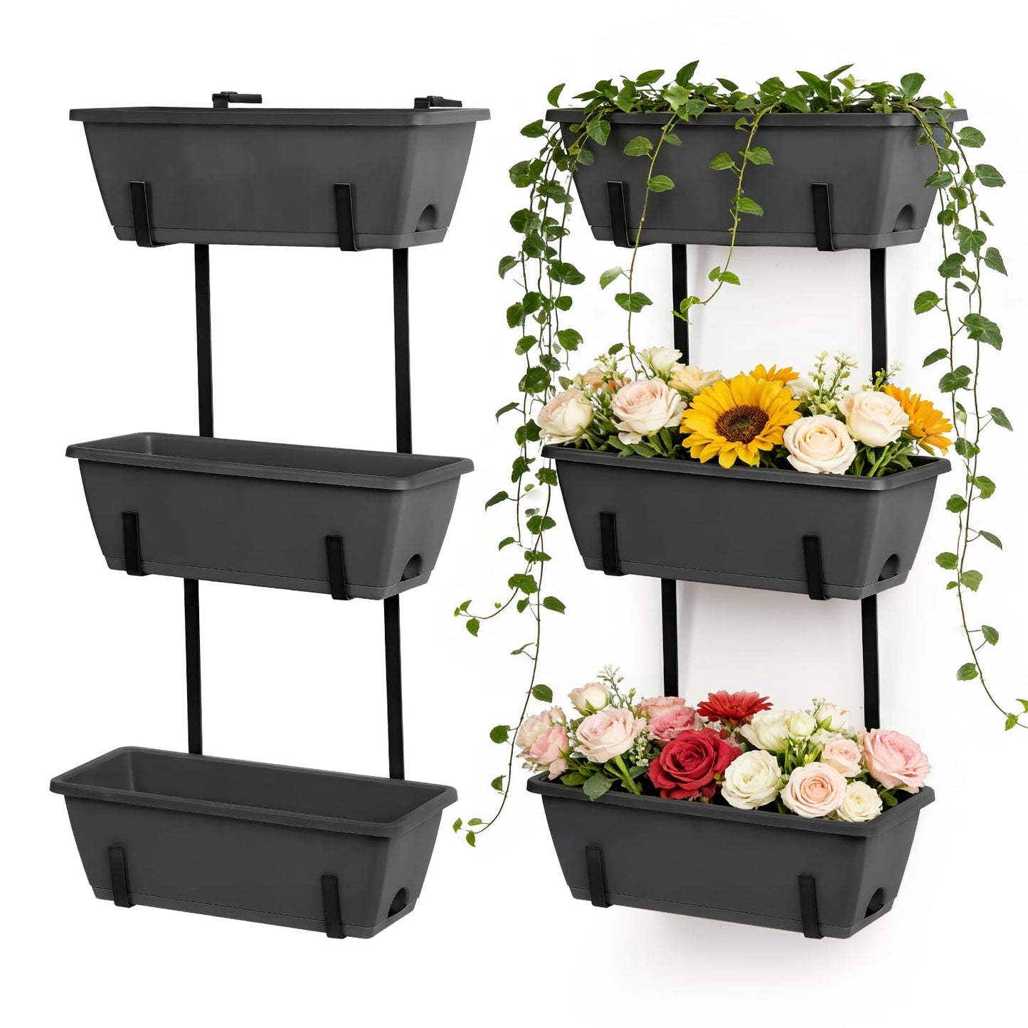 OYEAL Deck Railing Planter Boxes Set of 2 Over Fence Planters for Outdoor Plants, Hanging Window Planter Boxes with Adjustable Brackets, 6 Plastic Flower Boxes, Grey