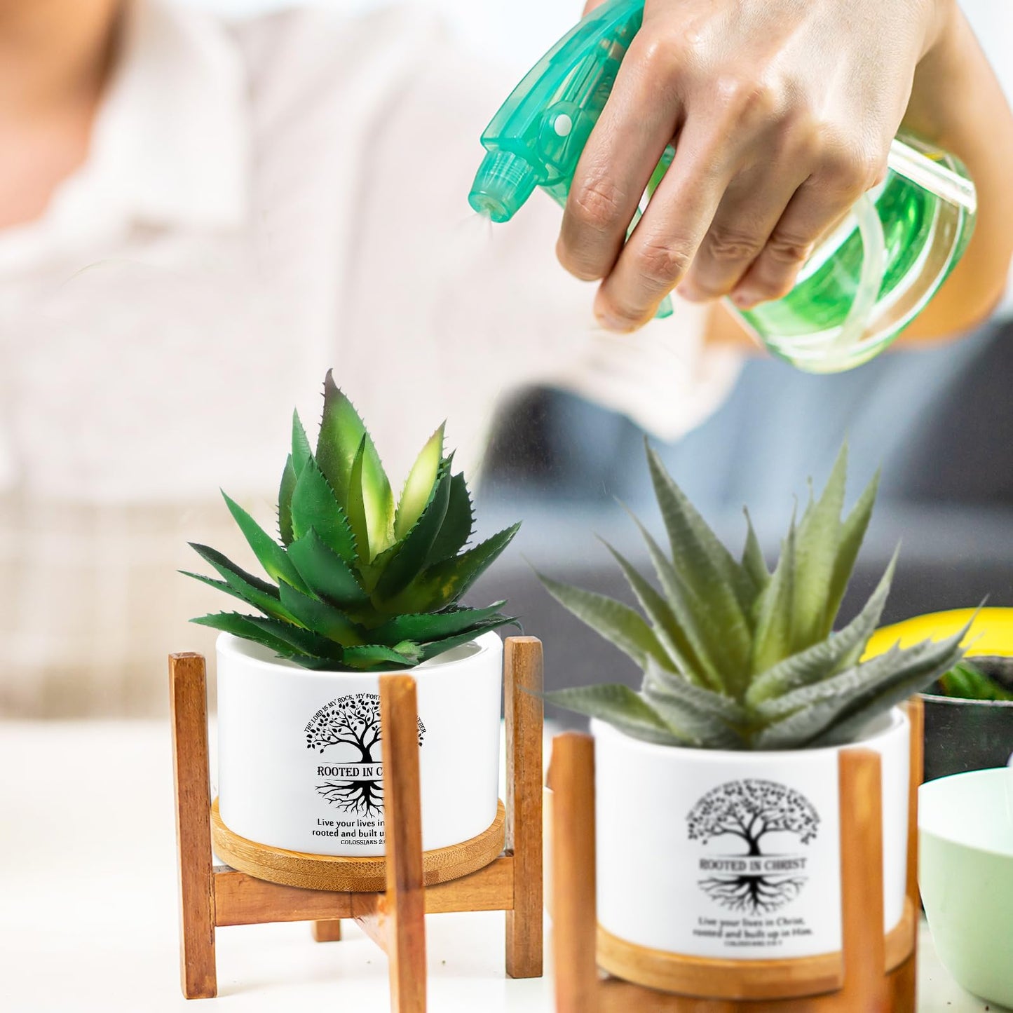Sieral 6 Pcs Fathers Day Christian Rooted in Christ Small Succulent Pots with Bamboo Tray - 3.15 Inches Mini Ceramic Succulent Planter for Dad Religious Spiritual Bible Gifts, Plants Not Included