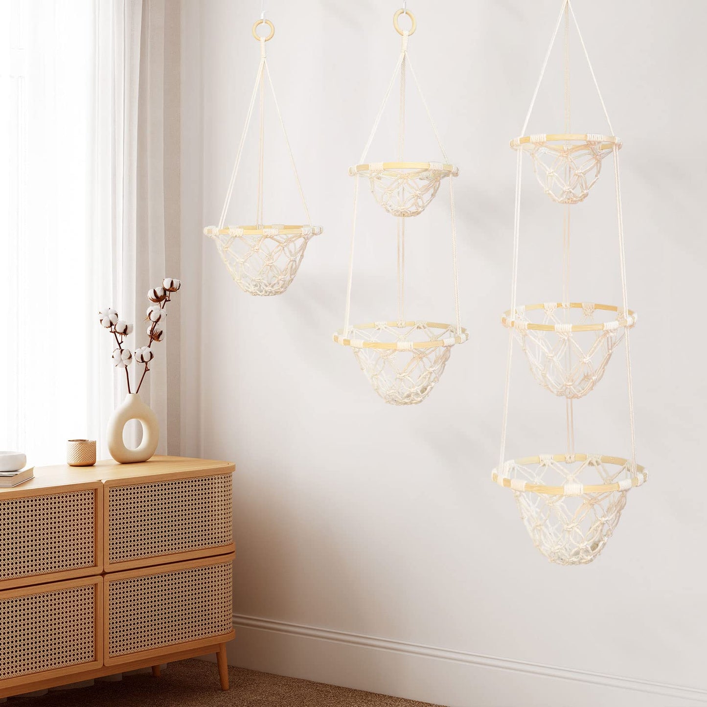 3 Tier Macrame Hanging Fruit Basket, Boho Vegetable Holder for Kitchen Food Storage with Hook, Bohemian Cotton Produce Multi Organizer, Plant Hanger Decor for Home Living Room Women Christmas Gift