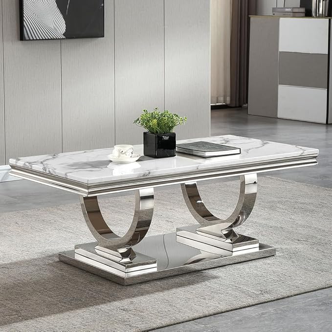 Henf 47" Marble Coffee Table Modern White Faux Marble Center Table