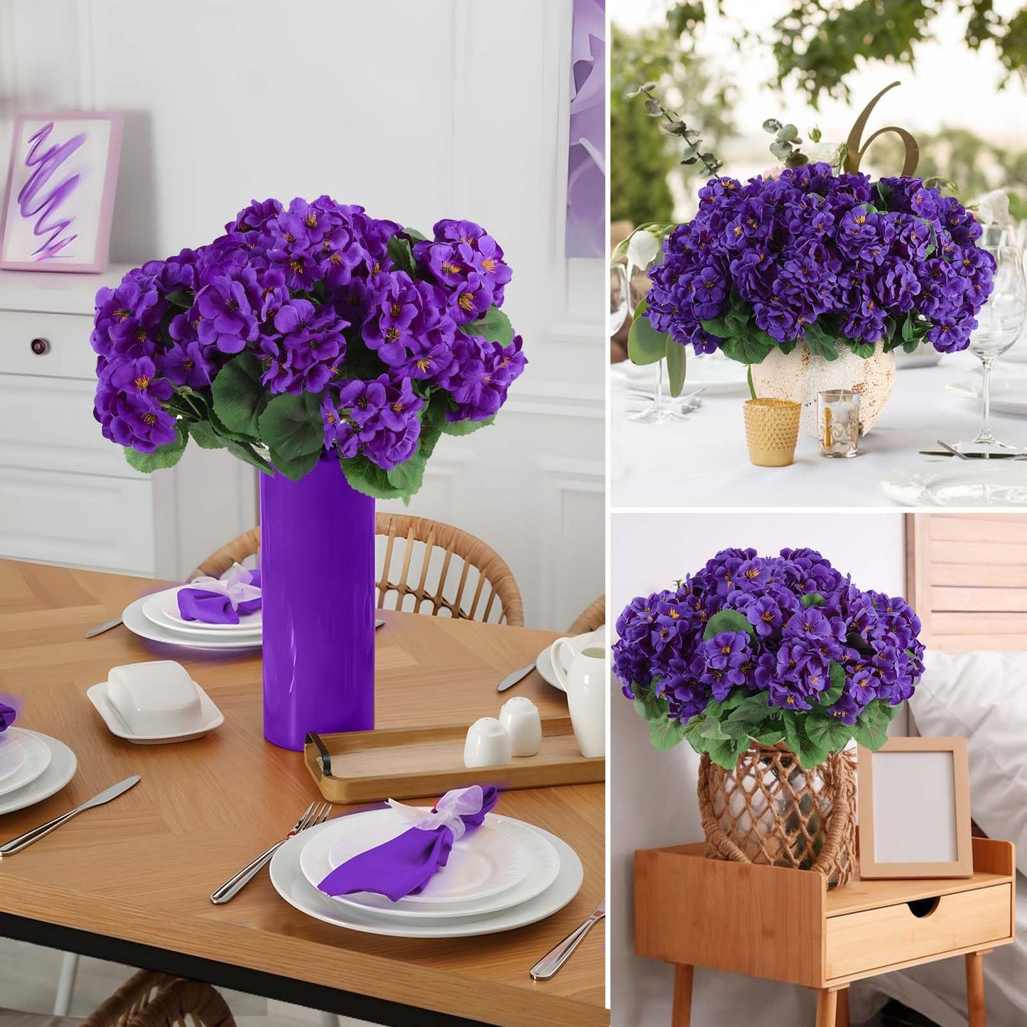 Hananona Artificial Geranium Flowers for Outdoors Geranium Silk Flowers Outdoor UV Resistant Garden Plants Faux Flowers for Home Kitchen Table Centerpieces Decor (6, Purple)