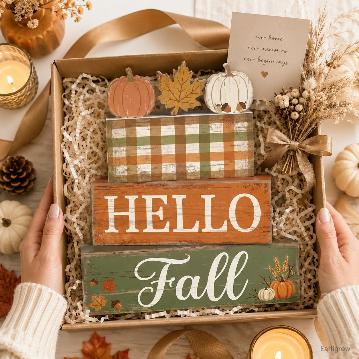 4 Pcs Fall Table Decorations, Hello Fall Tiered Tray Decor, Farmhouse Wooden Block Signs with Pumpkin & Maple Leaf, Rustic Buffalo Plaid Thanksgiving Tabletop Centerpiece for Home Kitchen Shelf