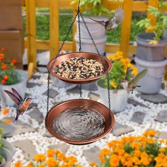 Double Layer Metal Hanging Birdbath 2 in 1 Bird Feeders with Black Chains for Outdoor Garden Yard Decor in Copper Color