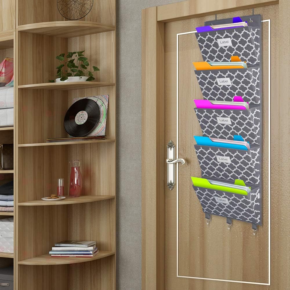 homyfort Over the Door File Organizer, Hanging File Folders, Wall Organizers and Storage for Mail, Magazine, Notebooks, Planners, Office, Classroom, 5 Extra Large Pockets (Grey Lantern Pattern)