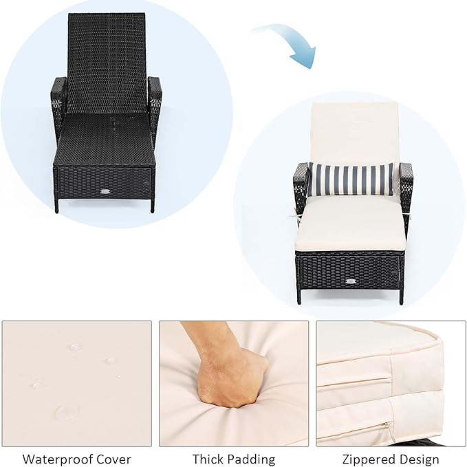COSTWAY PE Rattan Chaise Lounge Chair Armrest Recliner Adjustable Pillow Black