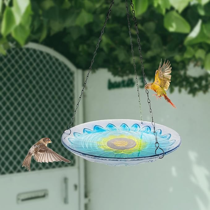 Hanging Bird Baths Outdoor Glass Birdbaths Garden Bird Feeder for Yard Lawn Decor Blue Flower