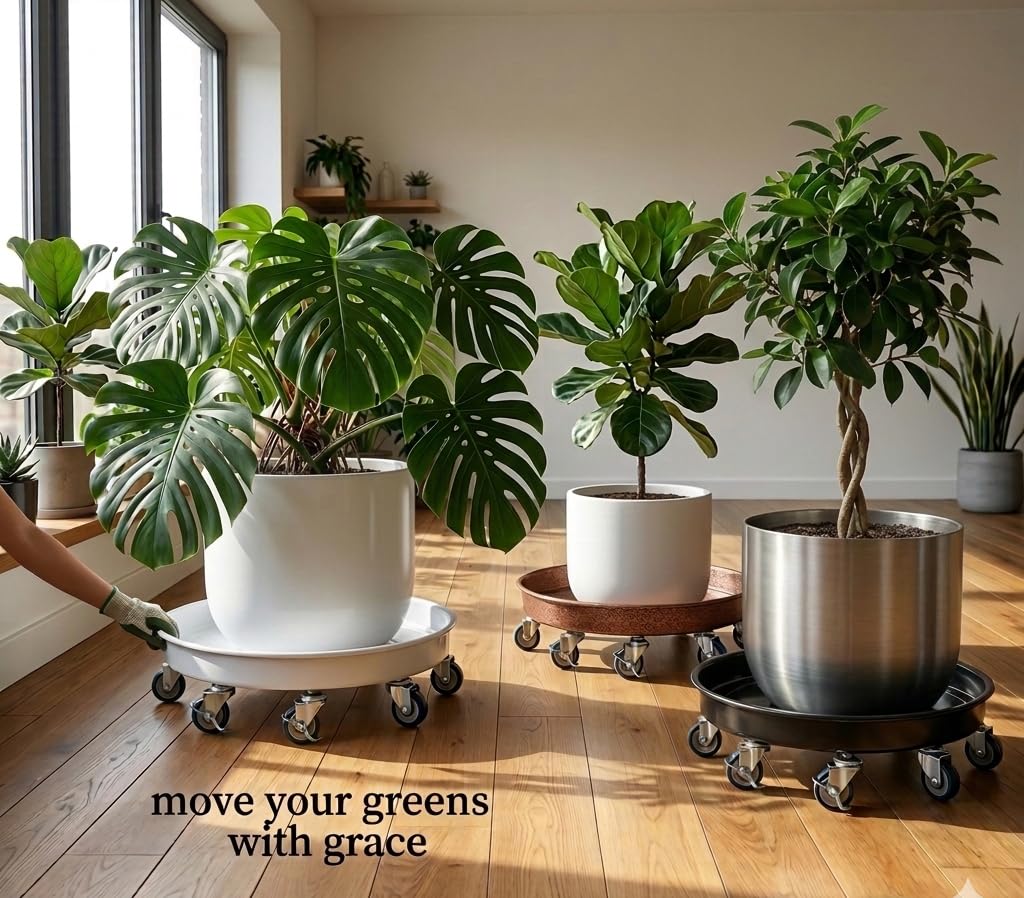 SKAFORZ Rolling Planter Caddy(460lbs Capacity), Heavy Duty Metal Plant Stand with Brake Wheels Plant Dolly Mover Plant Pot Tray Saucer for Indoor Outdoor 16inches Copper,2Pack