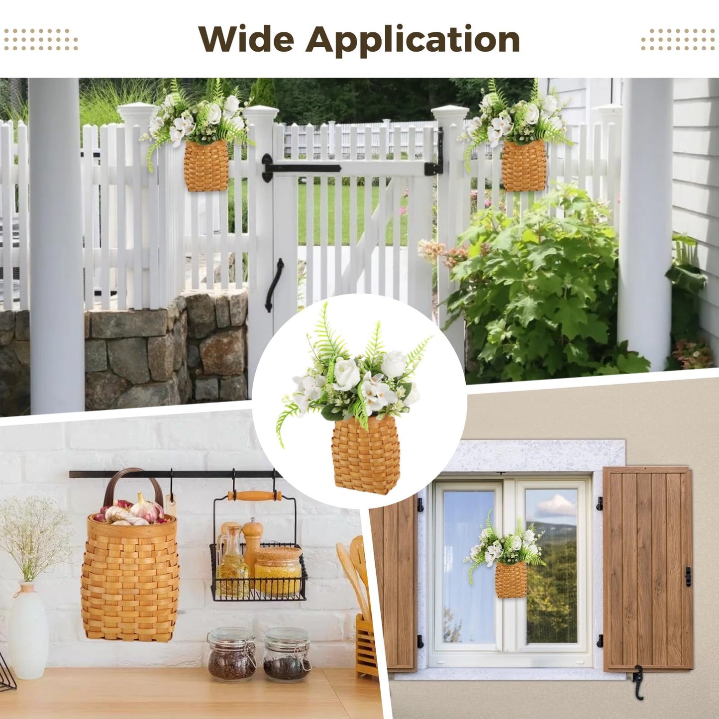3 PCS Small Wall Hanging Baskets, Woven Wood Basket with PU Leather Handle, Rustic Hanging Organizer for Flowers, Plants, Kitchen Utensils, Farmhouse Wall Decor for Porch, Room