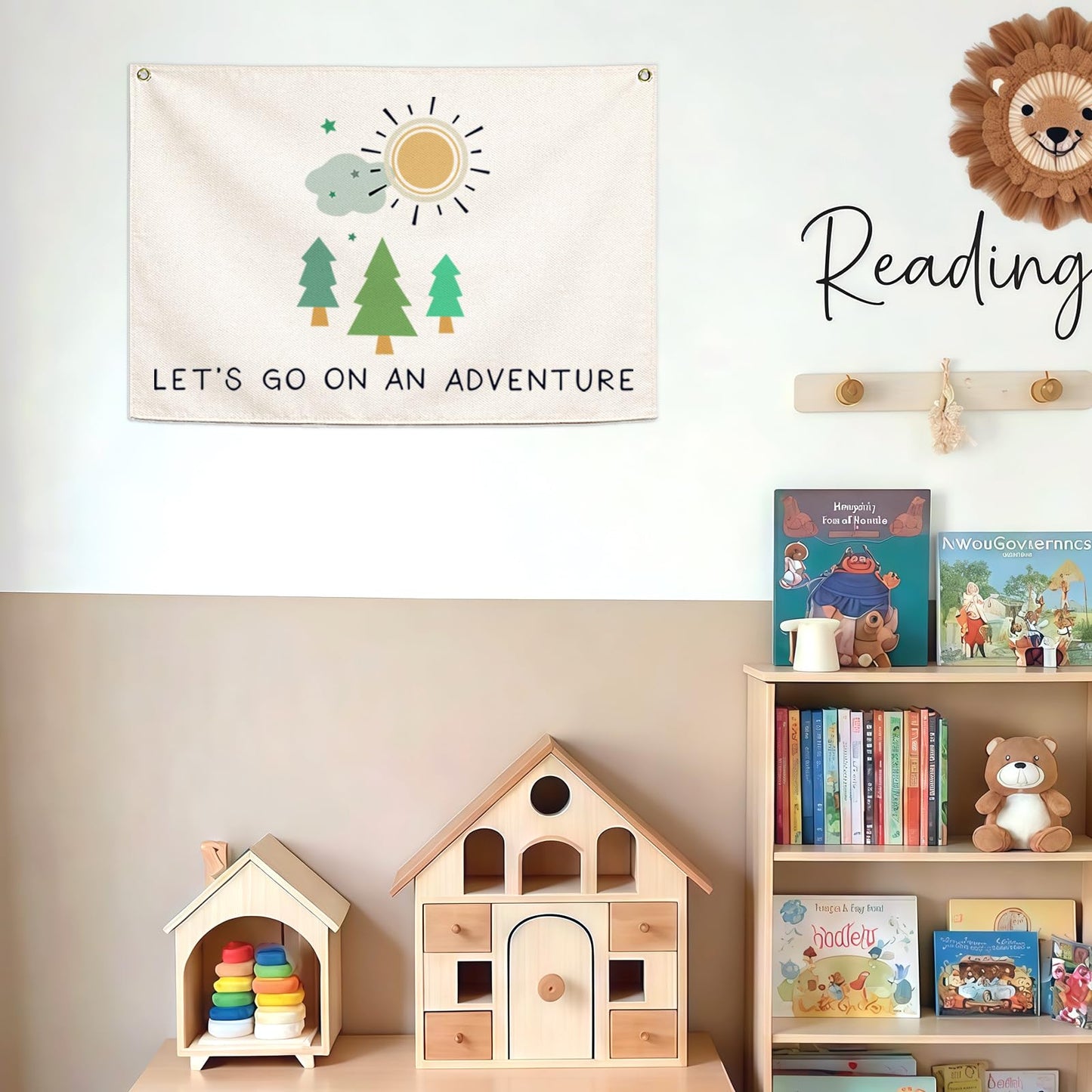 Nursery Canvas Rectangular Banner Flag Poster Wall Decor-Hanging Wall Decoration for Nursery Bedroom Playroom,Birthday Christmas Gift for Baby Kids Girl Boy Teen,Let’s Go On an Adventure 28.5"L×20"W