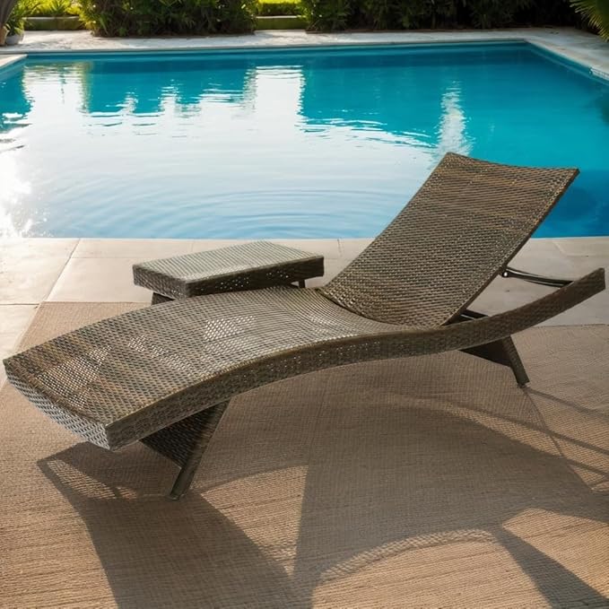 79'' Long Reclining Chaise Lounge + Side Table Set of 2, Outdoor Wicker