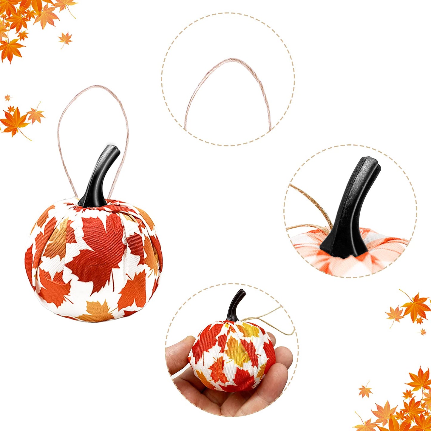 Sfcddtlg 12 Pcs Fall Thanksgiving Day Hanging Pumpkin- Maple Leaf Gingham Fabric Wrapped Hanging Ball Ornament for Farmhouse Fall Autumn Thanksgiving Party Home Décor