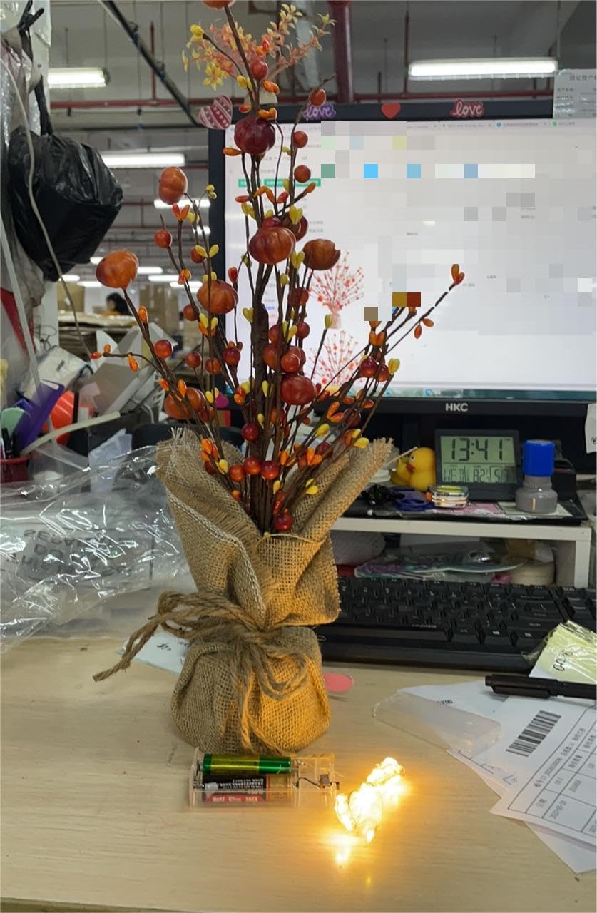 Ganeen 2 Pcs Thanksgiving Lighted Fall Tree Tabletop Decor LED 18 Inch Light up Fall Mini Tree Table Centerpiece Autumn Pumpkin Berry Harvest Decorations Rustic Burlap Base for Home Office Desk Decor