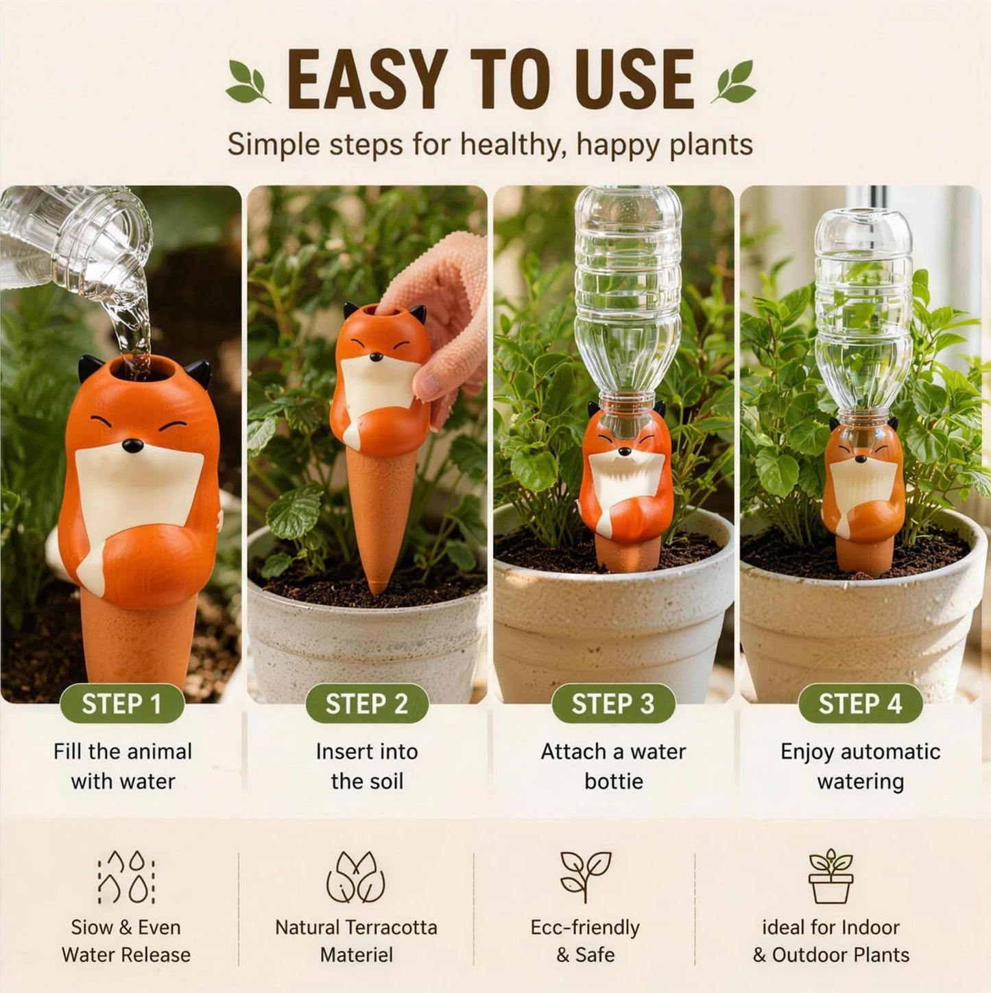 UULENNYM Terracotta Watering Spikes, Self Watering Globes Cute Animal Design Plant Waterers, Automatic Irrigation Stakes for Indoor & Outdoor Plants