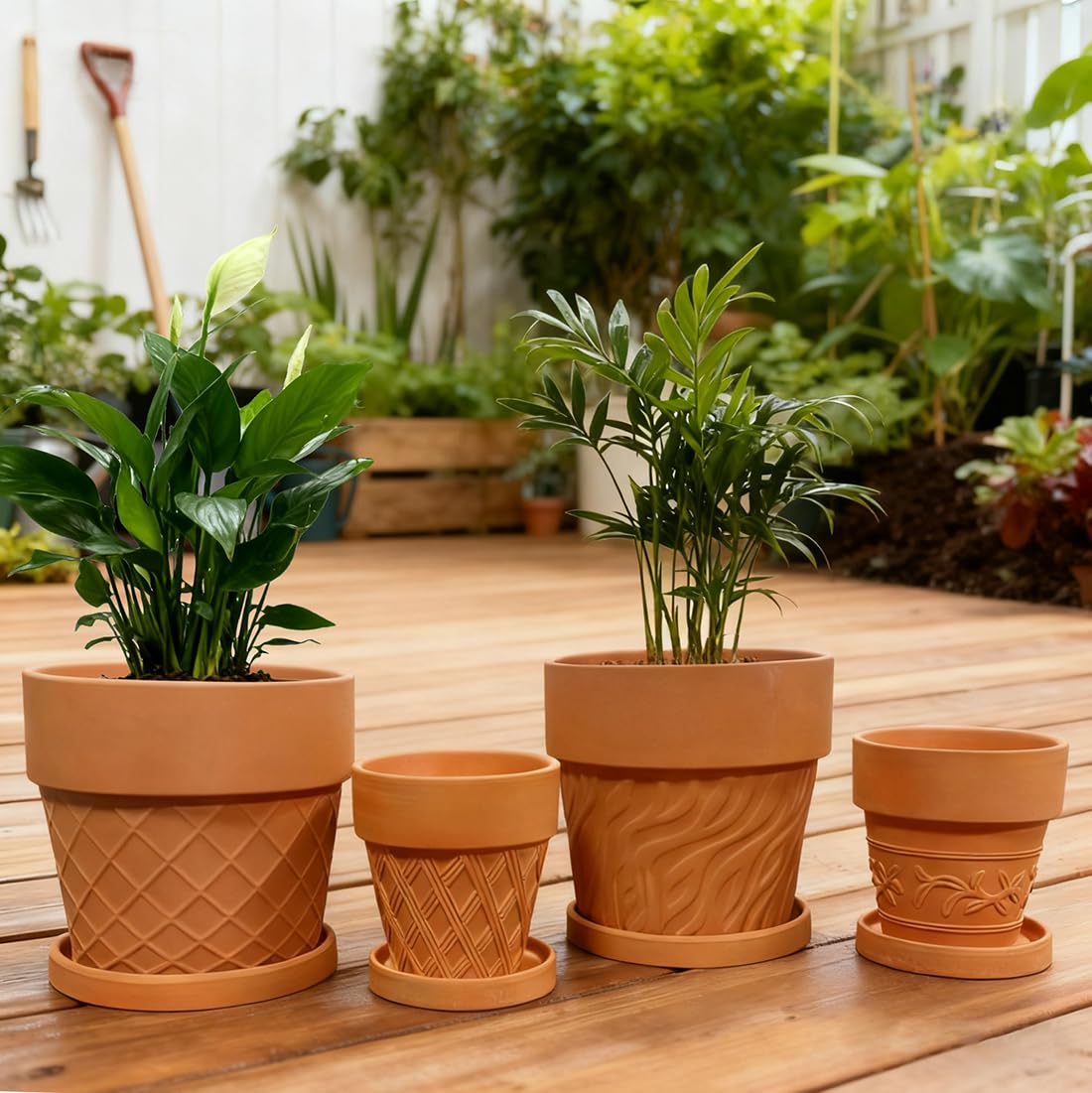 MUZHI 4Sets Round Terracotta Pot with Drainage Tray 6.5” 4.1”, Decorative Breathable Patterned Clay Plant Planter Pot Indoor Outdoor Plants Flowers Succulents Herbs cactus (4 Pack Cylindrical Pots)