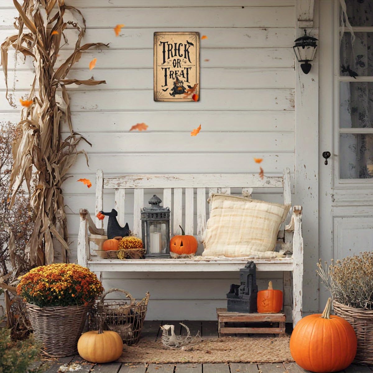 Trick or Treat Halloween Scarecrow Pumpkin Retro Metal Tin Sign Wall Art Decor for Front Door Home Farmhouse Halloween Party Indoor Outdoor 8x12 Inch