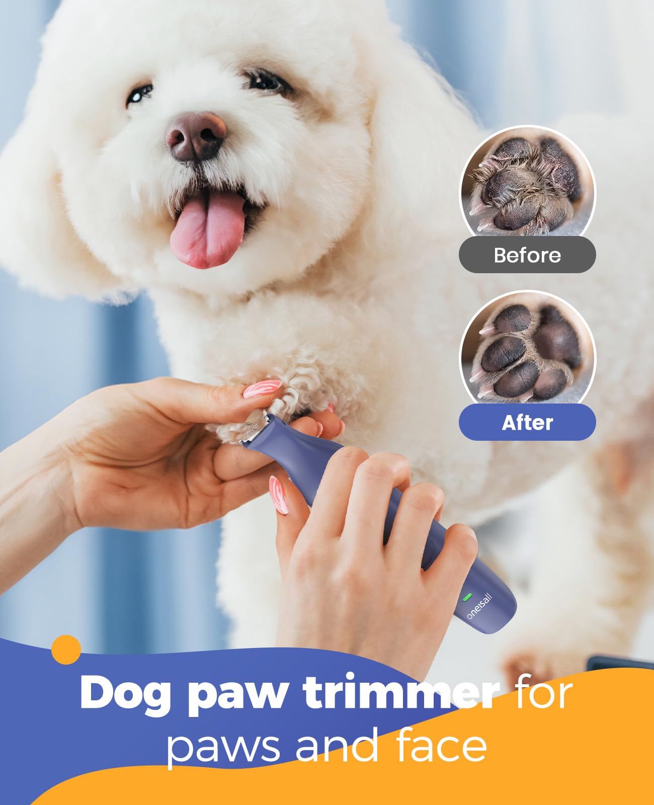 oneisall Dog Clippers & Dog Paw Trimmer 4-in-1 Cordless Grooming Kit: 2-Speed Low Noise Clippers with Rechargeable Quiet Nail Grinder for Dogs & Cats (Blue)