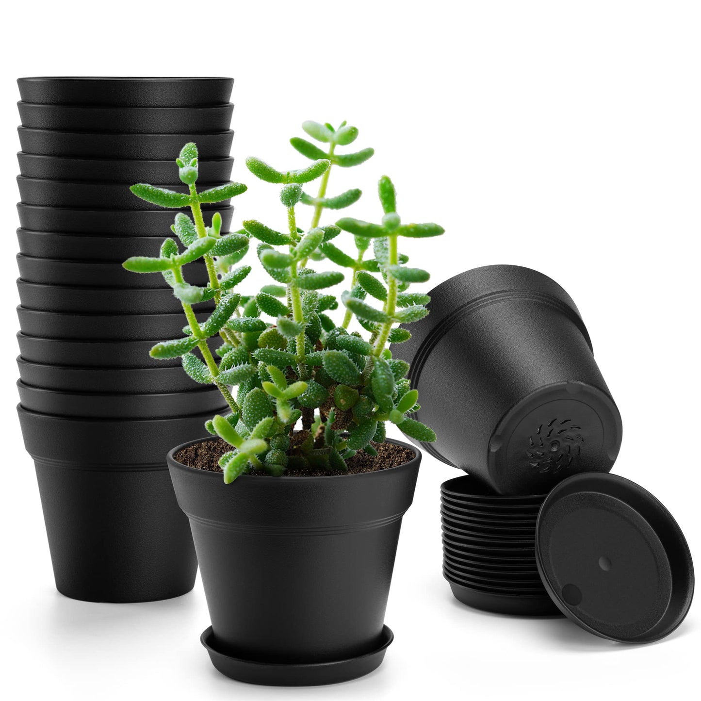 FHWTY 16 Pack Plastic Plant Pots BK & 16 Pack Plastic Plant Pots WH