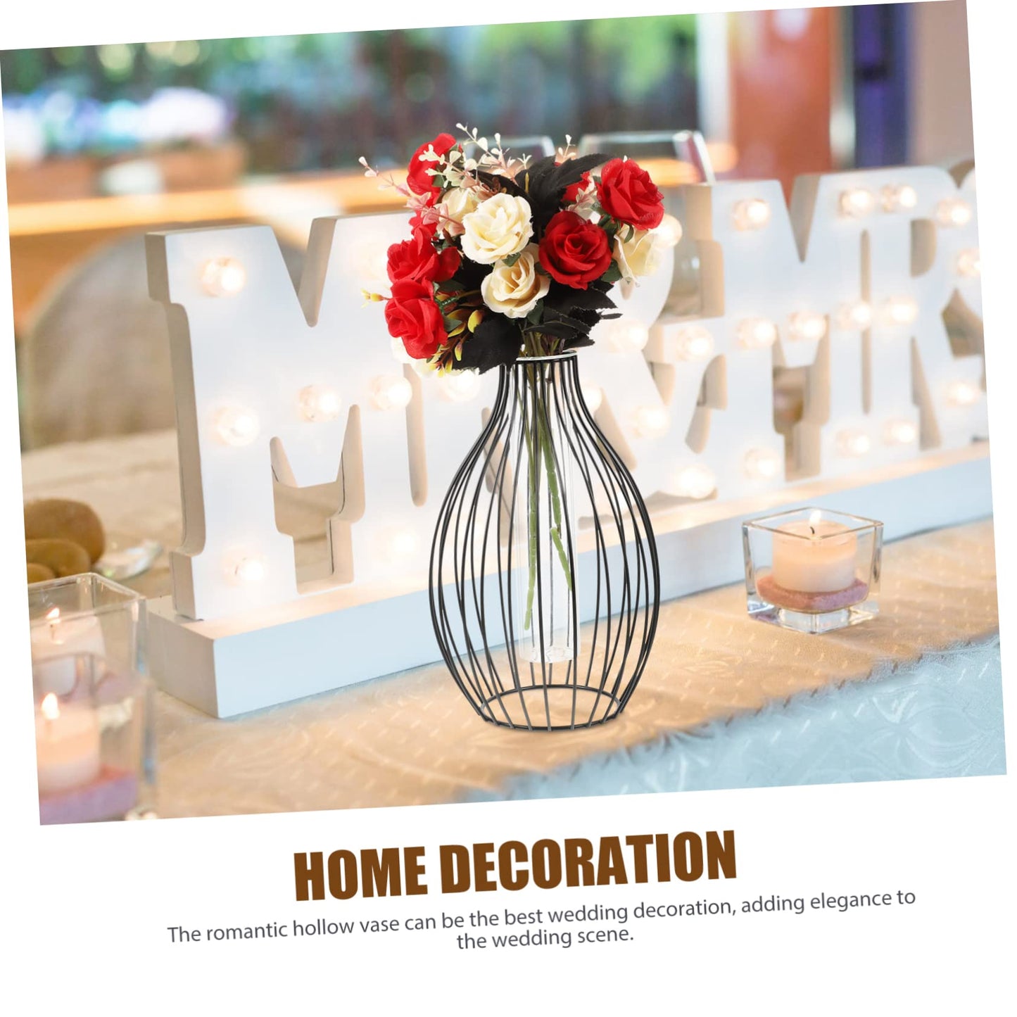 Cabilock Delicate Hydroponic Vase with Hollow Iron Frame Glass Terrarium for Plants European Style Stand Flower Vase for Home Decor Centerpiece for Holidays and Special Events