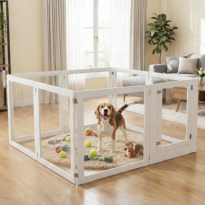 Heavy Duty Clear Acrylic Dog Playpen for Small/Medium Pets ā 32" High Clear Pet Pen with Sturdy Metal Frame, Walk-in Kennel, Expandable Indoor & Outdoor Pet Play Yard (White, 8 Panels Including Door)