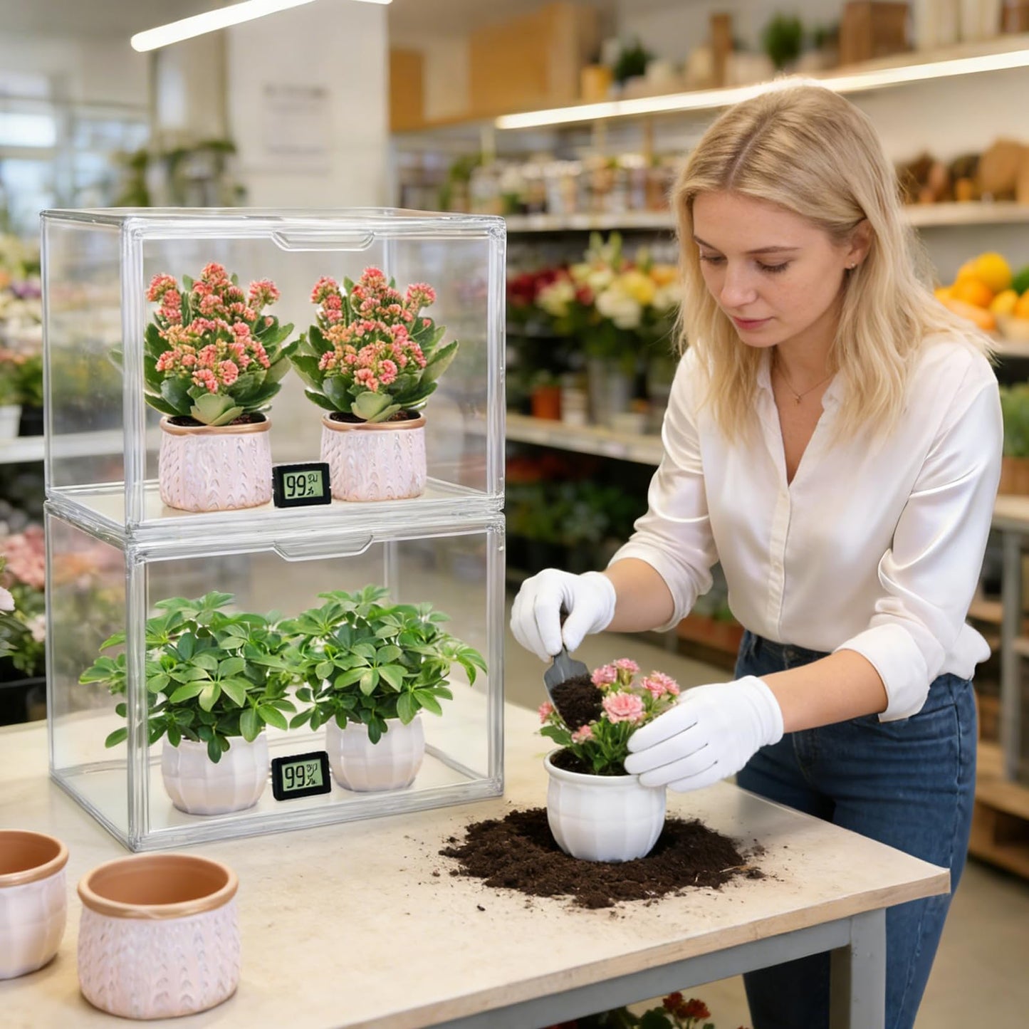 2 Pcs Mini Greenhouse for Indoor Clear Portable Tabletop Greenhouse with Magnetic Door Stackable Waterproof Small Plant Tent for Indoor Plants Growing & Seed Starting 14.2×10.6×8.7 Inch