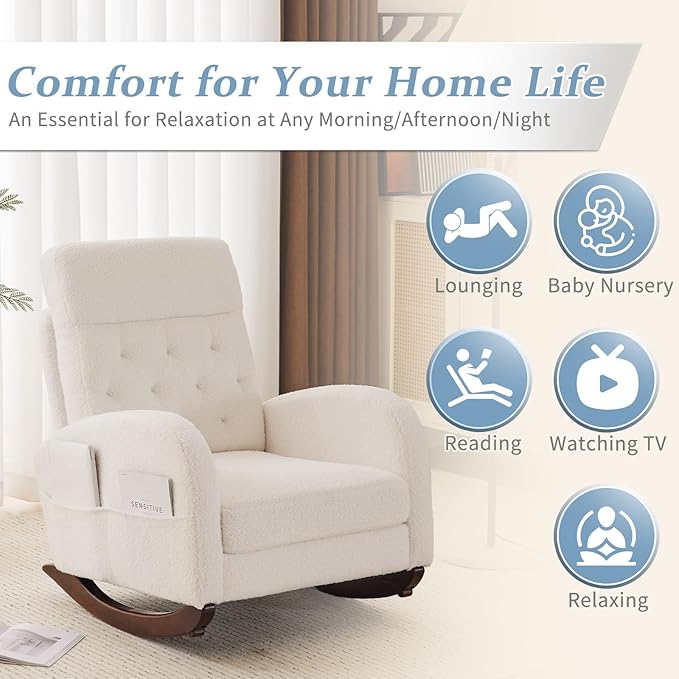 VINGLI Teddy Fleece Low Seat Rocking Chair, Boucle Upholstered Nursery Glider
