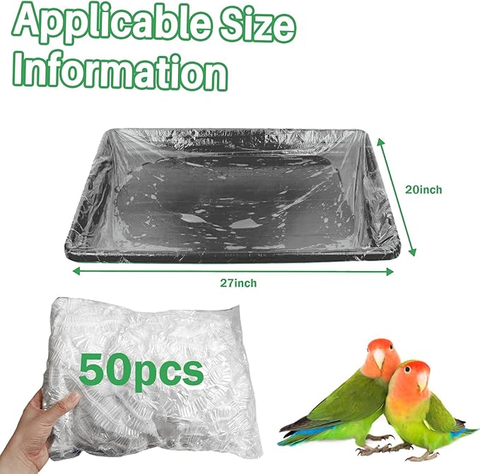 50 Pack Disposable Bird Cage Liners, Clear Plastic, 27 * 20 Inches, Leak-Proof, Universal Tray Liner Bags for Parrots, Canaries, Cockatiels