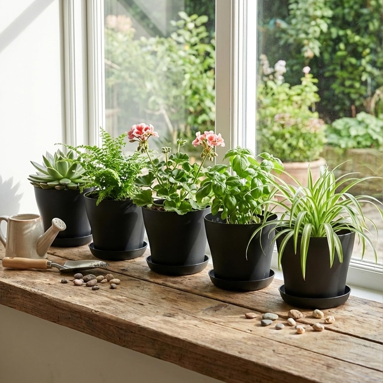 BTPLASTIK 6 Pack 8inch Plastic Round Plant Pot with Drainage Holes & Saucer, Durable 8" Black Nursery Pots Flower Pots for Indoor/Outdoor Plants, Minimalist Curved Design for Succulents, Herbs, Cacti