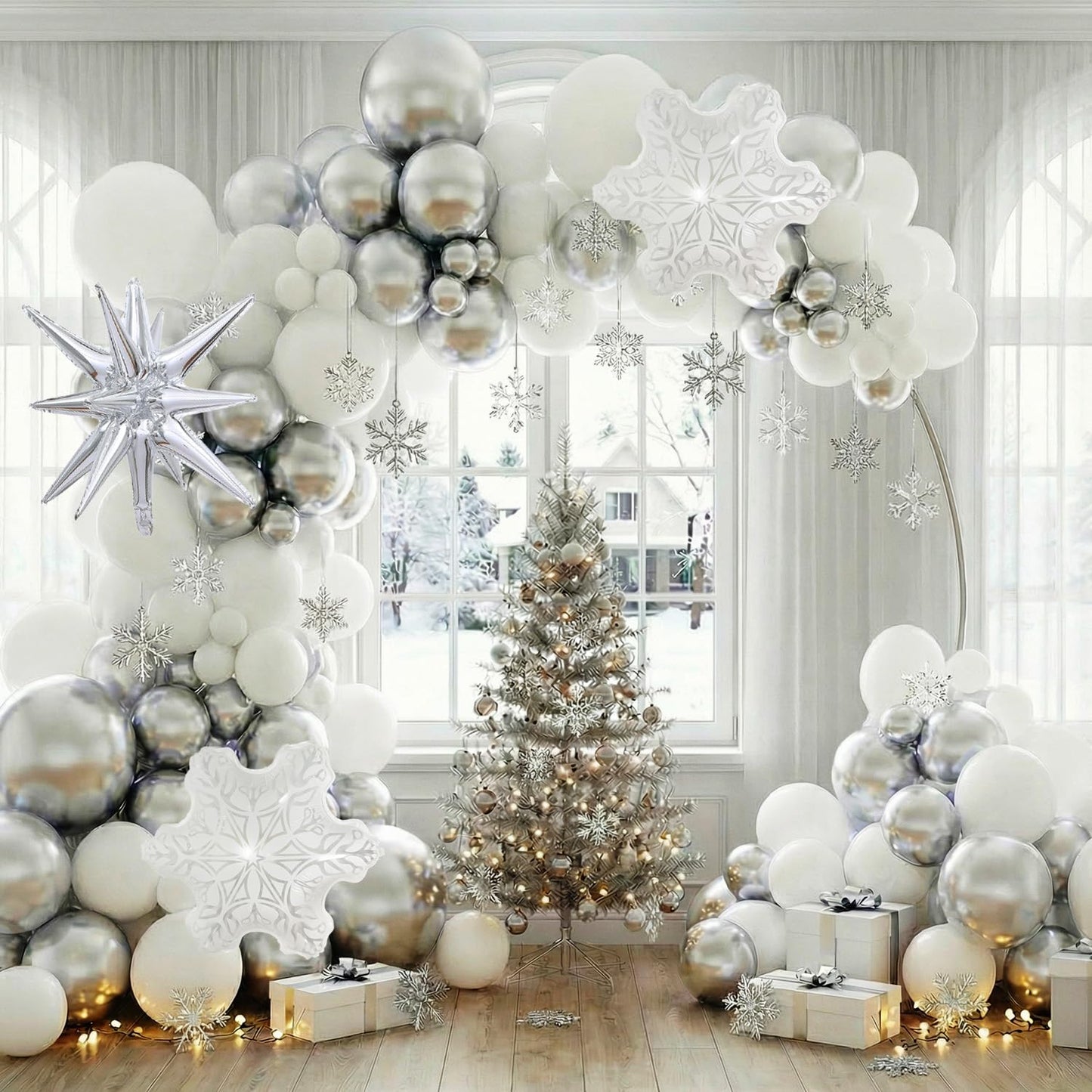 Metallic Silver and White Balloon Arch 128Pcs Winter Wonderland Snowflake Balloon Arch Perfect for Christmas Decor Snowman Birthday Parties, 2026 New Year Eve Party, Snowflake Party Decorations