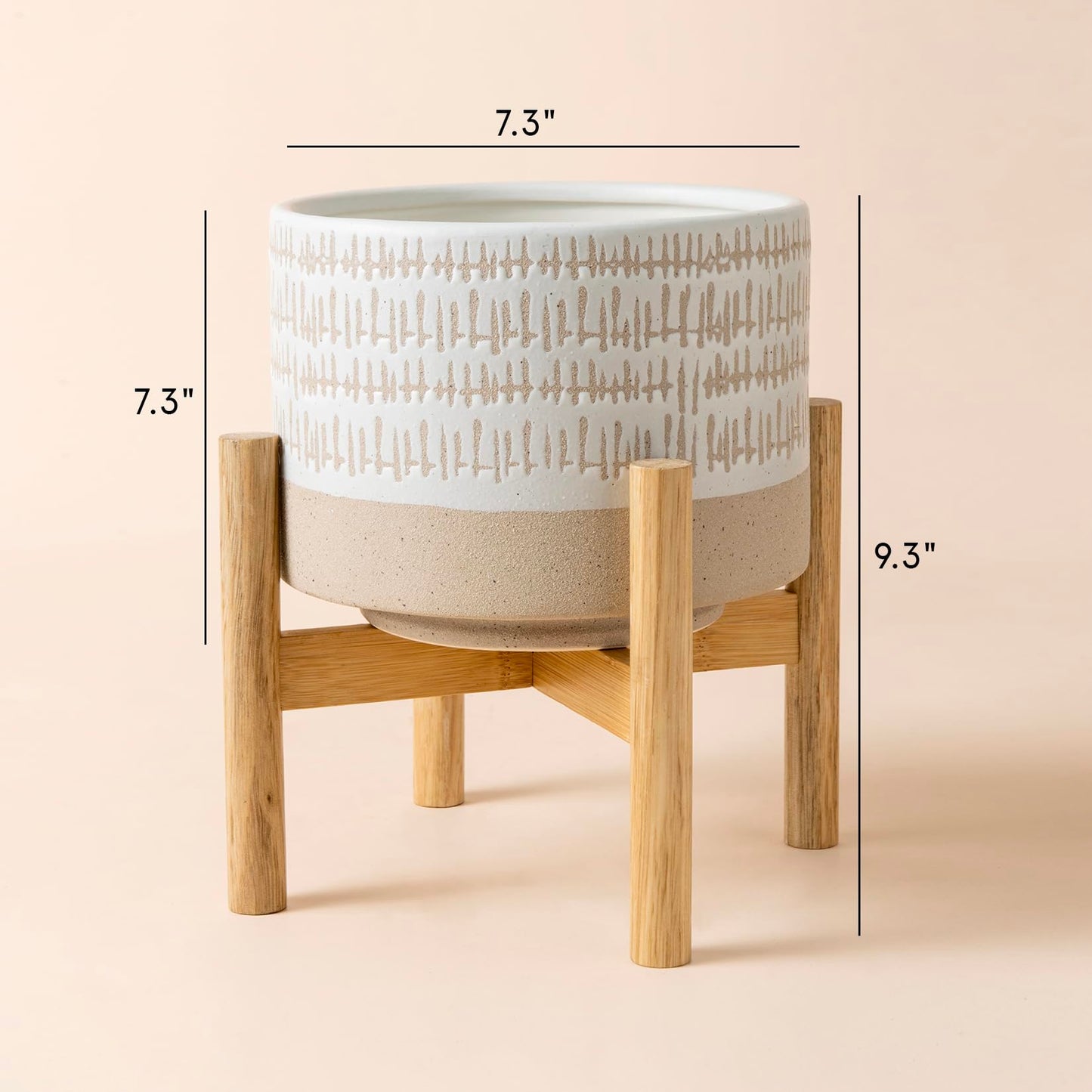 LA JOLIE MUSE Ceramic Plant Pot with Stand - 7.3 Inch Decorative Cylinder Flower Pot with Wood Planter Holder for Indoor, Yellow & White